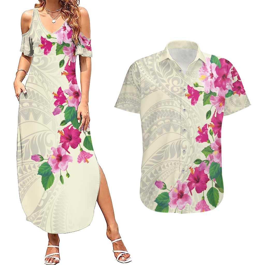 Hawaiian Hibiscus and Art Polynesian Tattoo Couples Matching Summer Maxi Dress and Hawaiian Shirt Beige Color