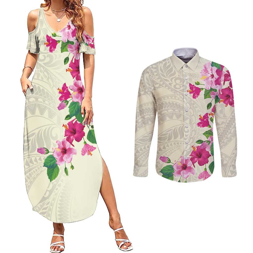 Hawaiian Hibiscus and Art Polynesian Tattoo Couples Matching Summer Maxi Dress and Long Sleeve Button Shirt Beige Color