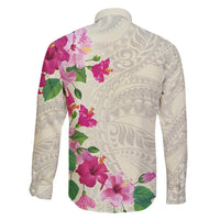Hawaiian Hibiscus and Art Polynesian Tattoo Family Matching Long Sleeve Bodycon Dress and Hawaiian Shirt Beige Color