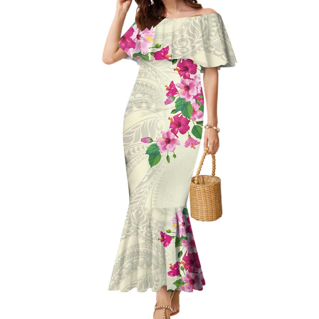 Hawaiian Hibiscus and Art Polynesian Tattoo Family Matching Mermaid Dress and Hawaiian Shirt Beige Color LT03 Mom's Dress Beige - Polynesian Pride