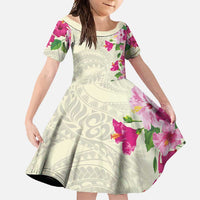 Hawaiian Hibiscus and Art Polynesian Tattoo Family Matching Off Shoulder Maxi Dress and Hawaiian Shirt Beige Color LT03 Daughter's Dress Beige - Polynesian Pride