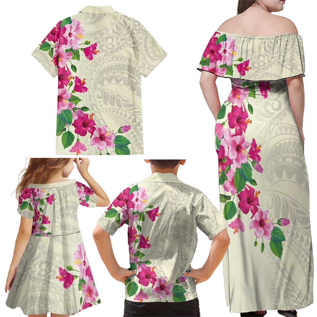 Hawaiian Hibiscus and Art Polynesian Tattoo Family Matching Off Shoulder Maxi Dress and Hawaiian Shirt Beige Color LT03 - Polynesian Pride