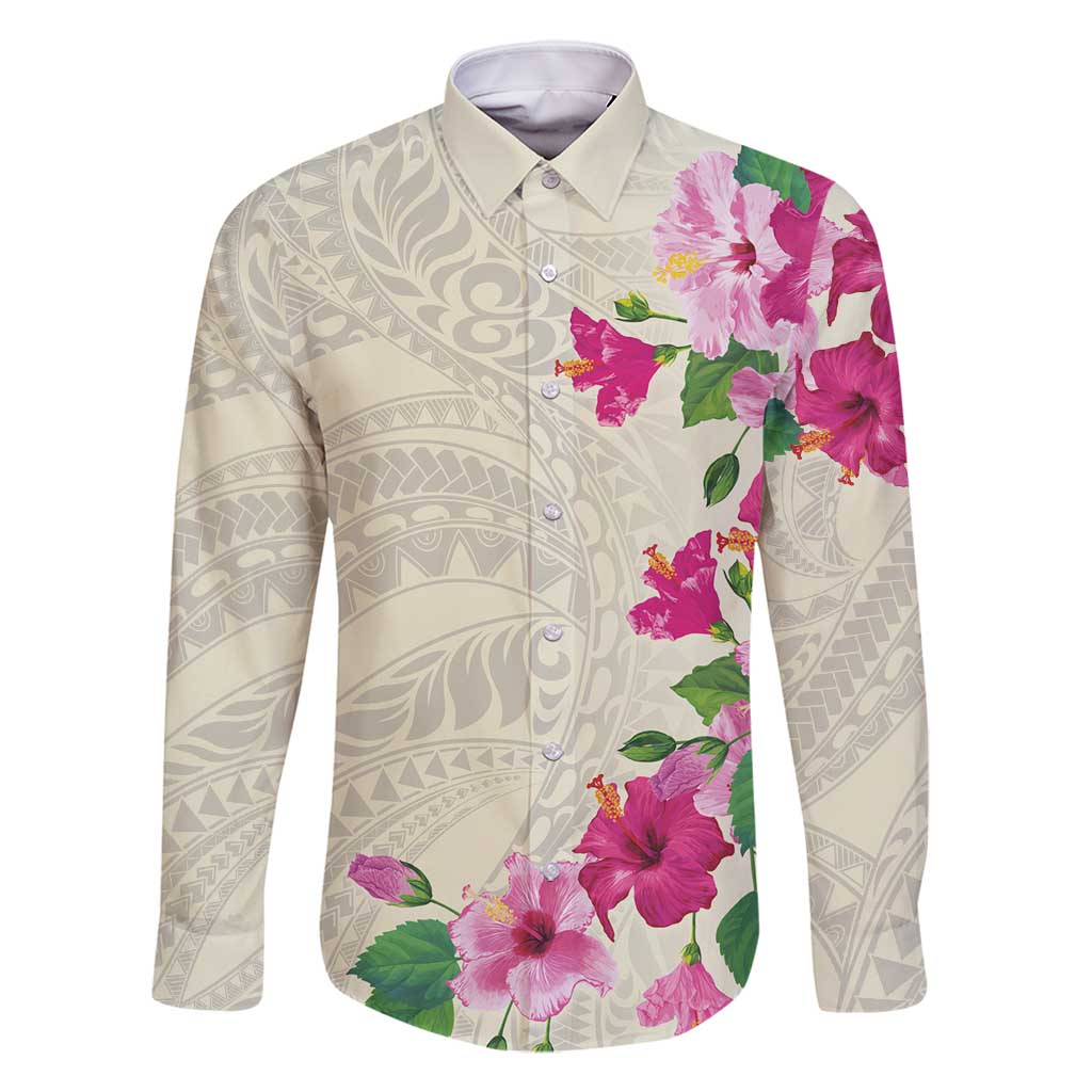 Hawaiian Hibiscus and Art Polynesian Tattoo Family Matching Off Shoulder Maxi Dress and Hawaiian Shirt Beige Color LT03 Dad's Shirt - Long Sleeve Beige - Polynesian Pride