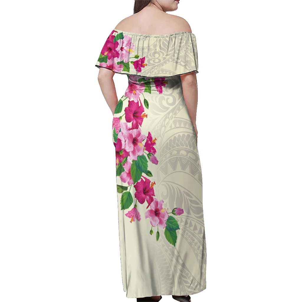 Hawaiian Hibiscus and Art Polynesian Tattoo Family Matching Off Shoulder Maxi Dress and Hawaiian Shirt Beige Color LT03 - Polynesian Pride