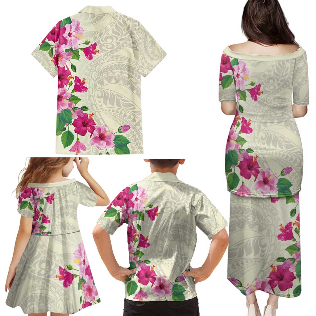 Hawaiian Hibiscus and Art Polynesian Tattoo Family Matching Puletasi and Hawaiian Shirt Beige Color LT03 - Polynesian Pride