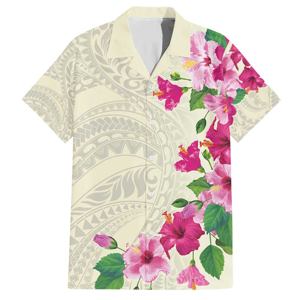 Hawaiian Hibiscus and Art Polynesian Tattoo Family Matching Puletasi and Hawaiian Shirt Beige Color LT03 Dad's Shirt - Short Sleeve Beige - Polynesian Pride