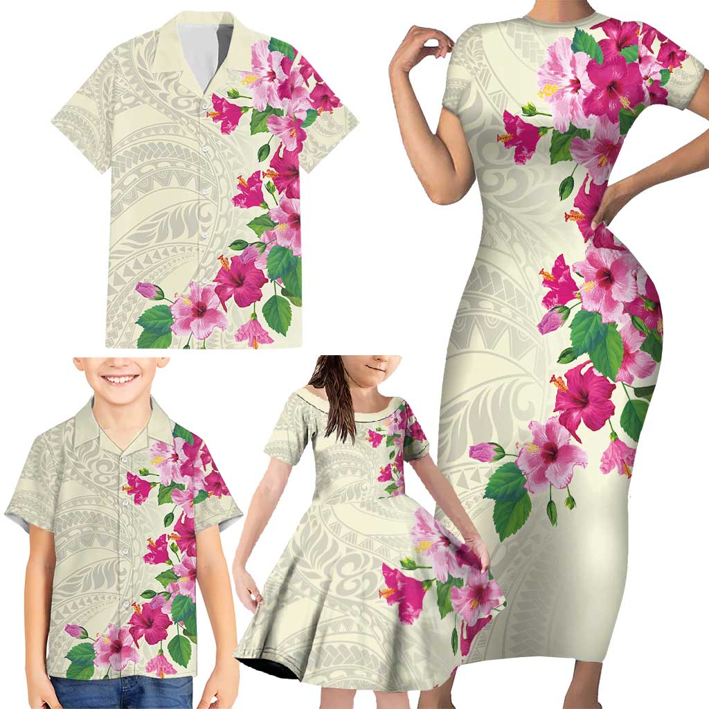 Hawaiian Hibiscus and Art Polynesian Tattoo Family Matching Short Sleeve Bodycon Dress and Hawaiian Shirt Beige Color