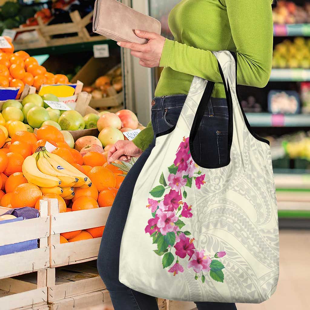 Hawaiian Hibiscus and Art Polynesian Tattoo Grocery Bag Beige Color