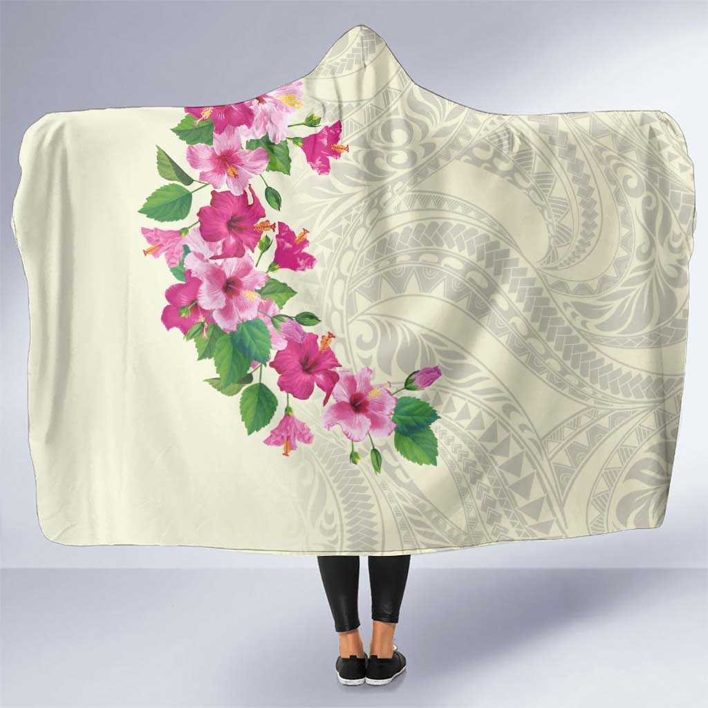 Hawaiian Hibiscus and Art Polynesian Tattoo Hooded Blanket Beige Color LT03 One Size Beige - Polynesian Pride