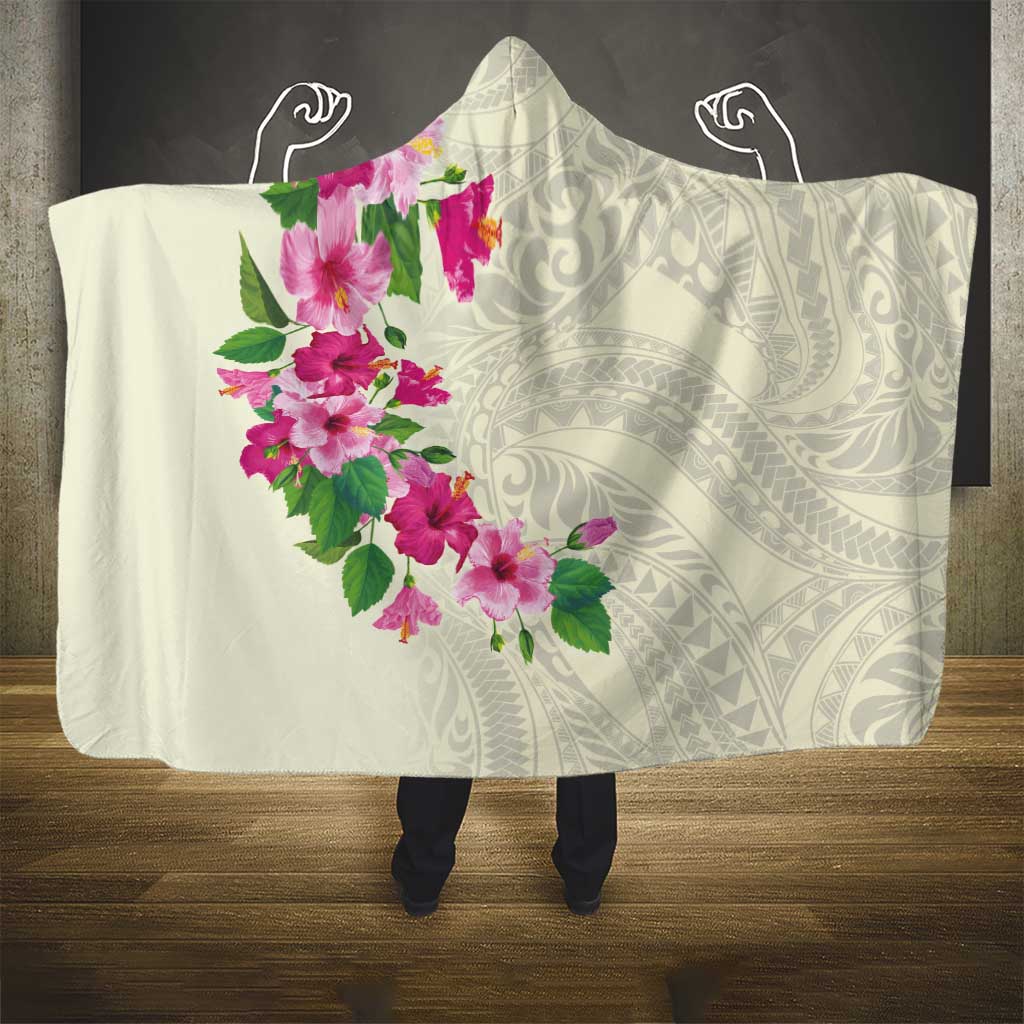 Hawaiian Hibiscus and Art Polynesian Tattoo Hooded Blanket Beige Color LT03 - Polynesian Pride