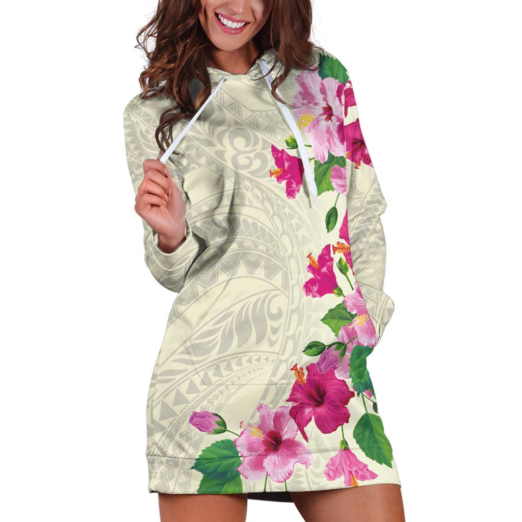 Hawaiian Hibiscus and Art Polynesian Tattoo Hoodie Dress Beige Color LT03 Beige - Polynesian Pride