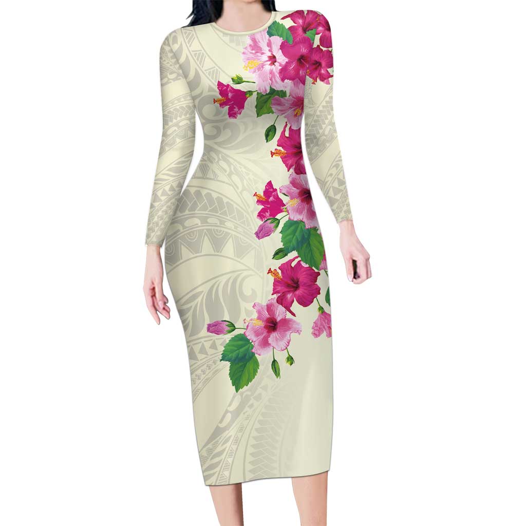 Hawaiian Hibiscus and Art Polynesian Tattoo Long Sleeve Bodycon Dress Beige Color LT03 Long Dress Beige - Polynesian Pride