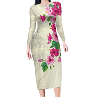 Hawaiian Hibiscus and Art Polynesian Tattoo Long Sleeve Bodycon Dress Beige Color LT03 Long Dress Beige - Polynesian Pride