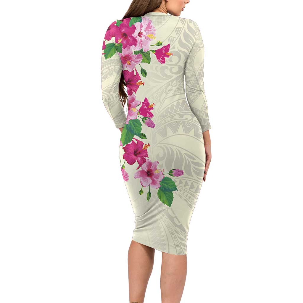 Hawaiian Hibiscus and Art Polynesian Tattoo Long Sleeve Bodycon Dress Beige Color LT03 - Polynesian Pride
