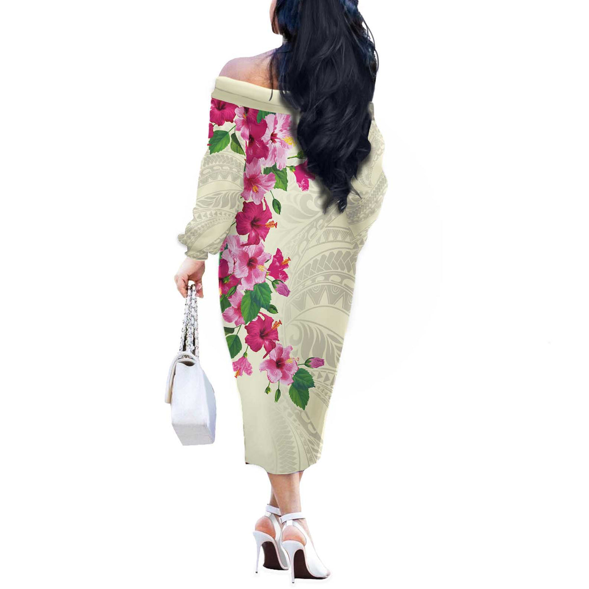 Hawaiian Hibiscus and Art Polynesian Tattoo Off The Shoulder Long Sleeve Dress Beige Color LT03 - Polynesian Pride