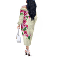 Hawaiian Hibiscus and Art Polynesian Tattoo Off The Shoulder Long Sleeve Dress Beige Color LT03 - Polynesian Pride
