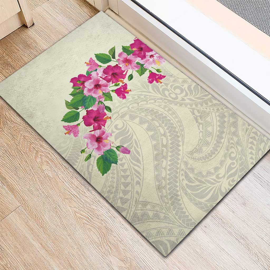 Hawaiian Hibiscus and Art Polynesian Tattoo Rubber Doormat Beige Color