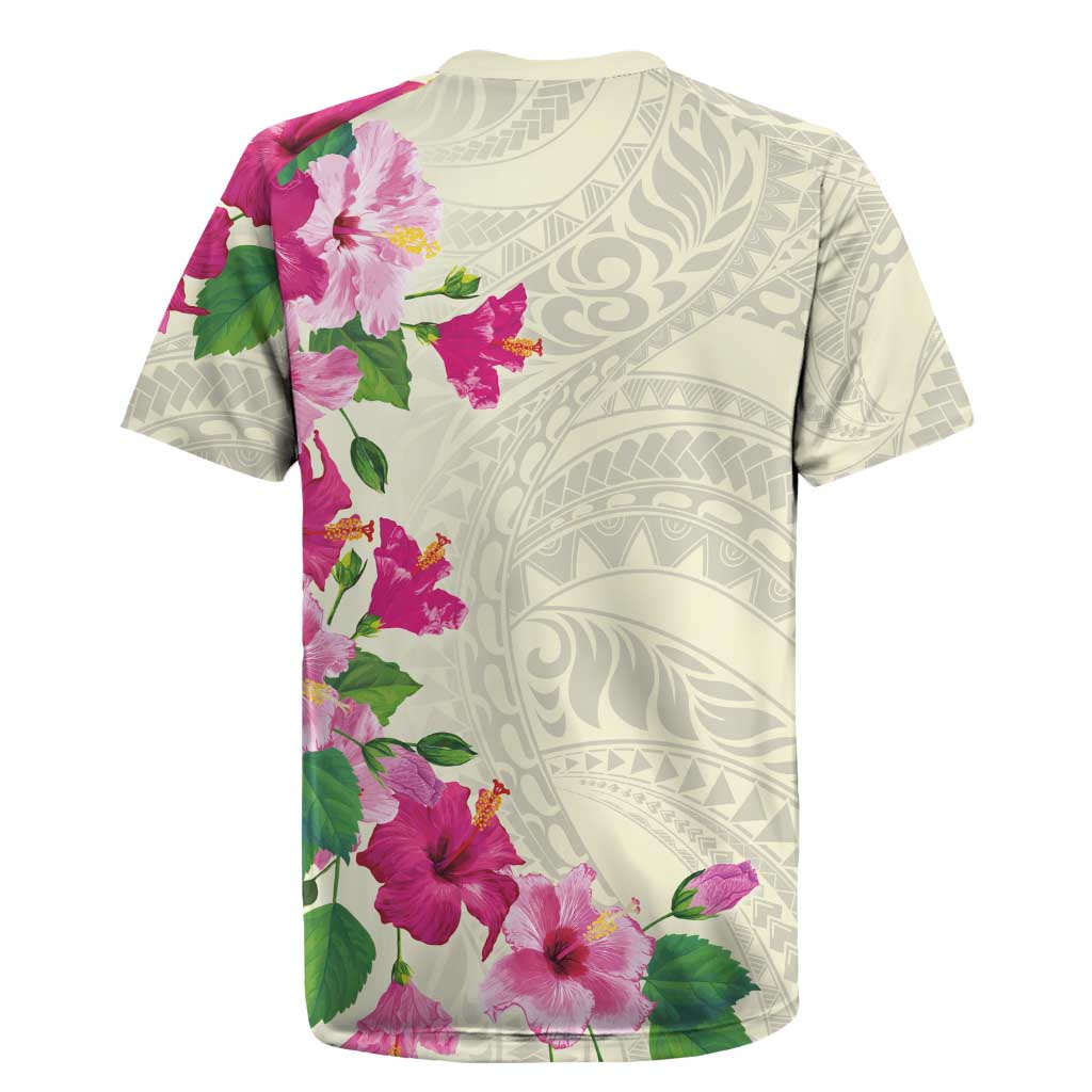 Hawaiian Hibiscus and Art Polynesian Tattoo Rugby Jersey Beige Color