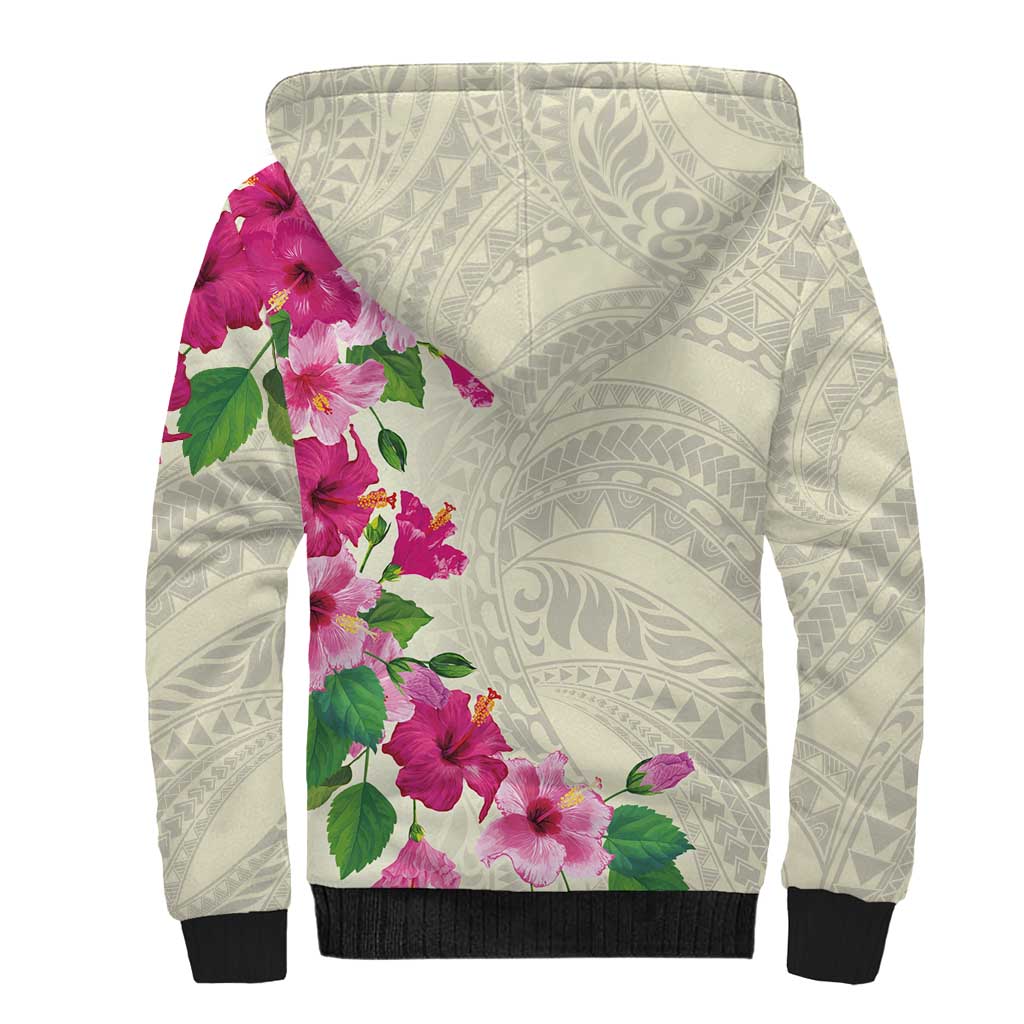 Hawaiian Hibiscus and Art Polynesian Tattoo Sherpa Hoodie Beige Color LT03 - Polynesian Pride