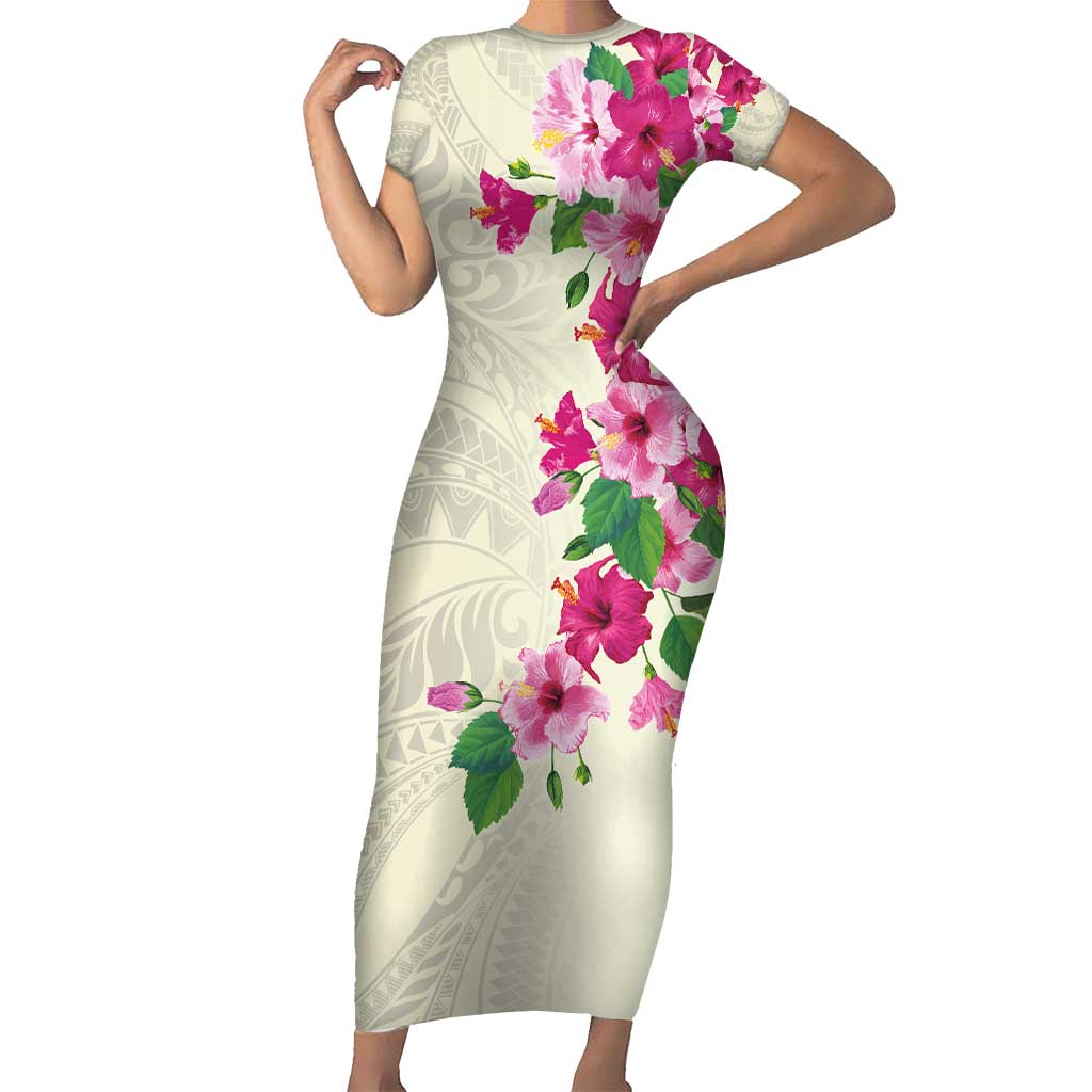 Hawaiian Hibiscus and Art Polynesian Tattoo Short Sleeve Bodycon Dress Beige Color LT03 Long Dress Beige - Polynesian Pride