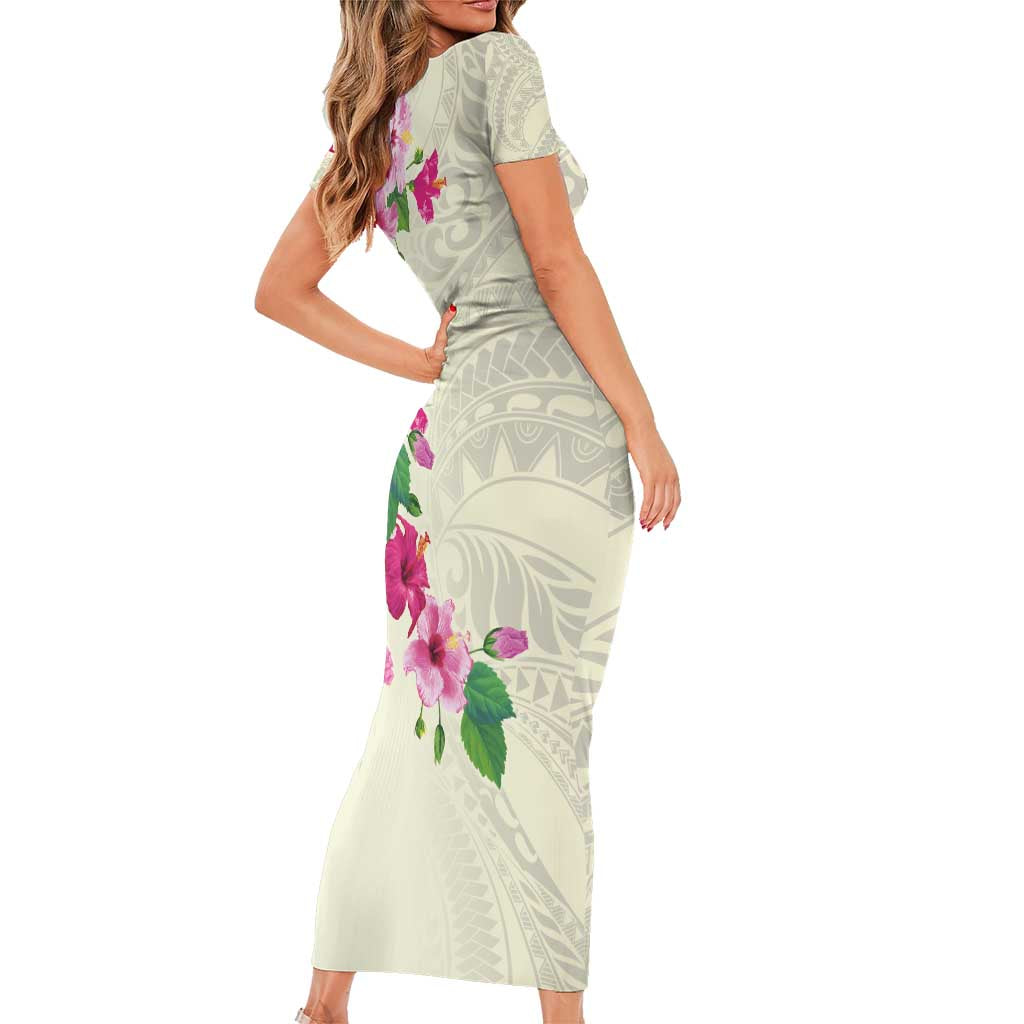 Hawaiian Hibiscus and Art Polynesian Tattoo Short Sleeve Bodycon Dress Beige Color LT03 - Polynesian Pride