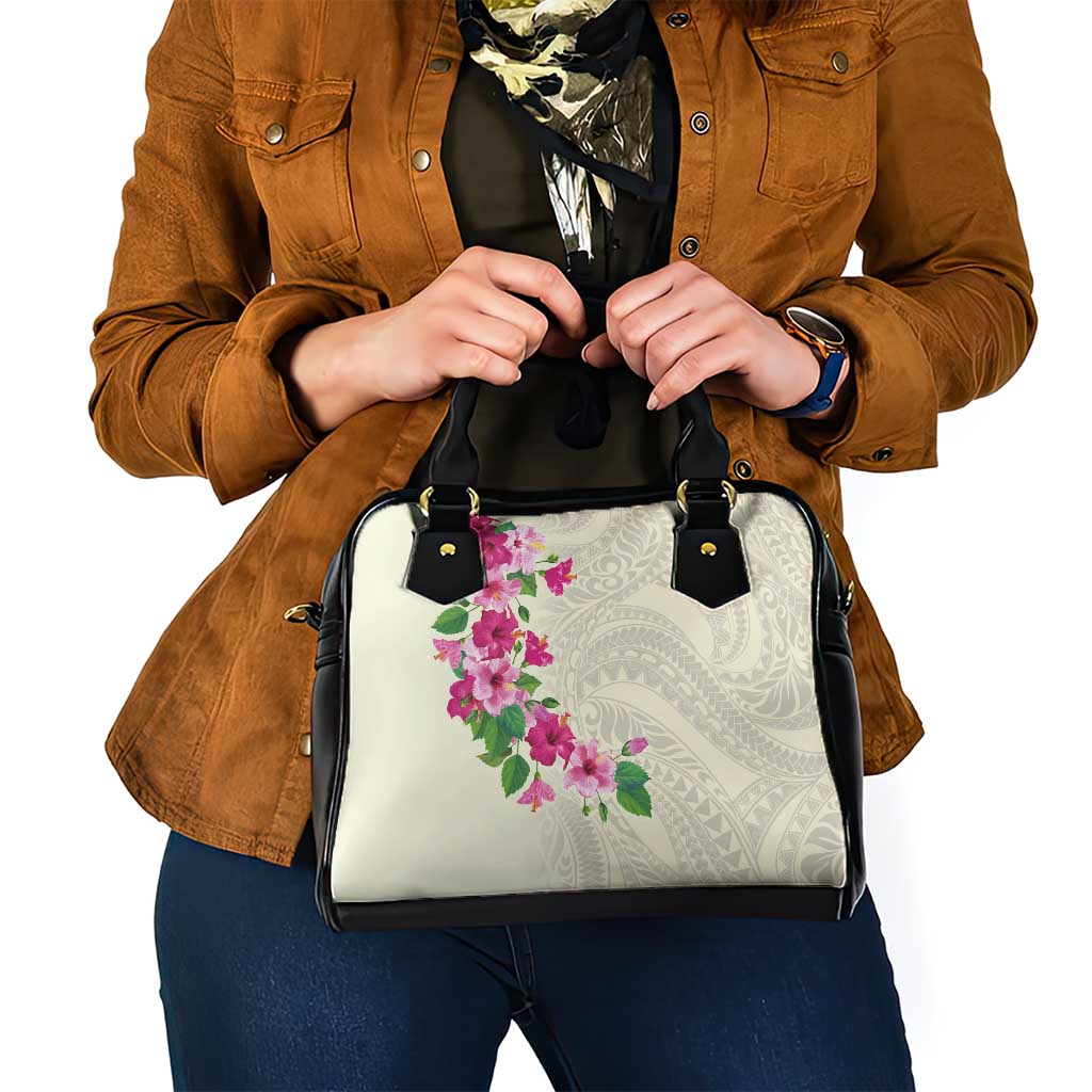 Hawaiian Hibiscus and Art Polynesian Tattoo Shoulder Handbag Beige Color