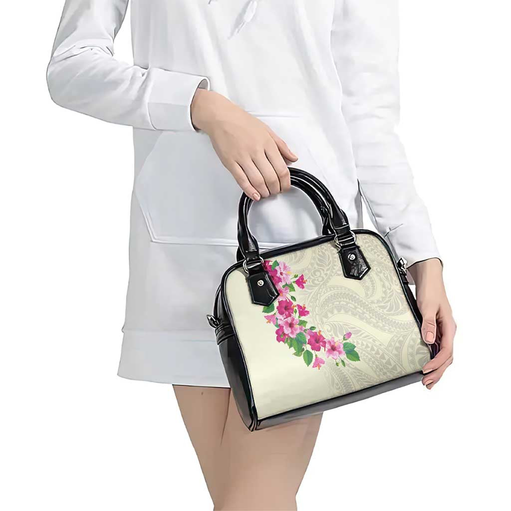 Hawaiian Hibiscus and Art Polynesian Tattoo Shoulder Handbag Beige Color