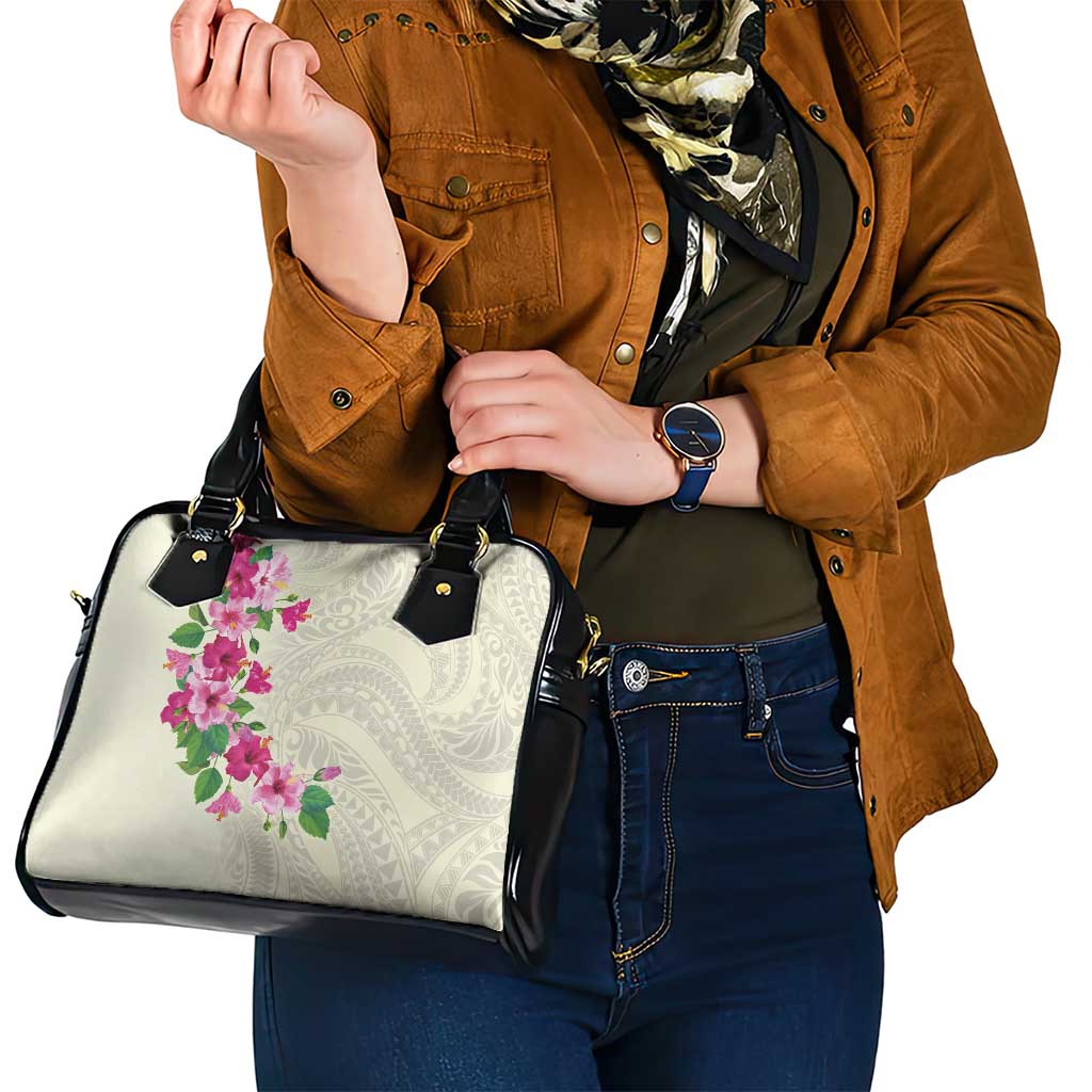 Hawaiian Hibiscus and Art Polynesian Tattoo Shoulder Handbag Beige Color