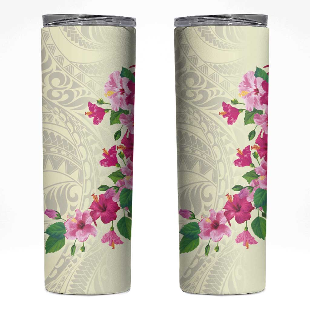 Hawaiian Hibiscus and Art Polynesian Tattoo Skinny Tumbler Beige Color LT03 Beige - Polynesian Pride