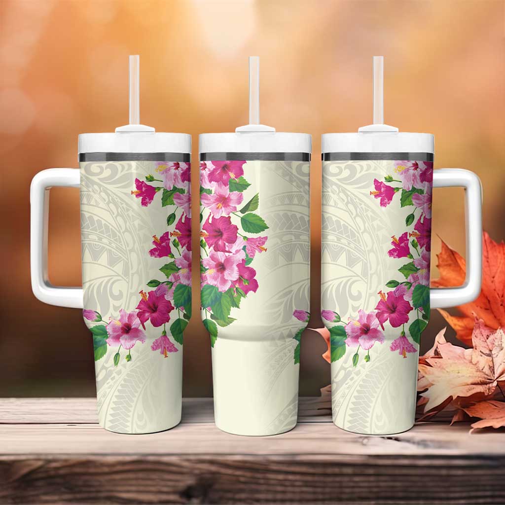 Hawaiian Hibiscus and Art Polynesian Tattoo Tumbler With Handle Beige Color