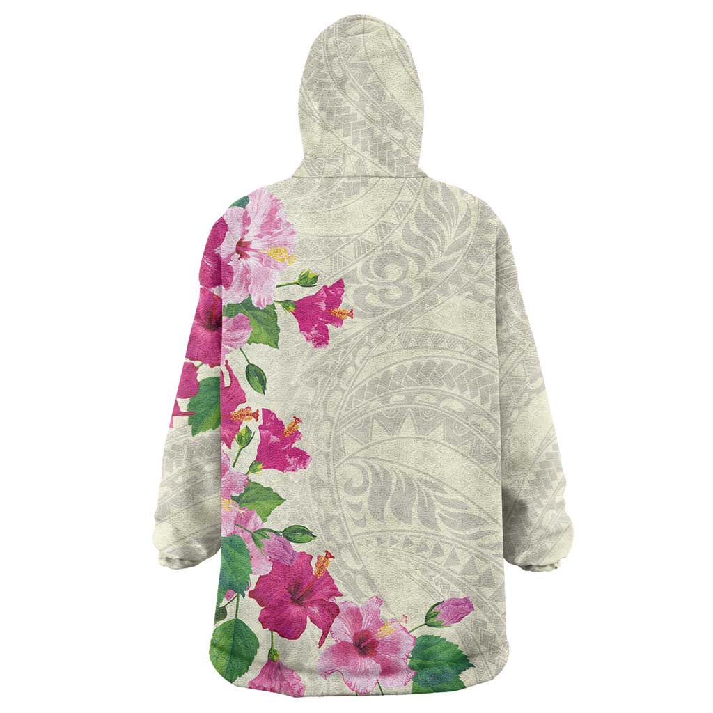 Hawaiian Hibiscus and Art Polynesian Tattoo Wearable Blanket Hoodie Beige Color LT03 - Polynesian Pride