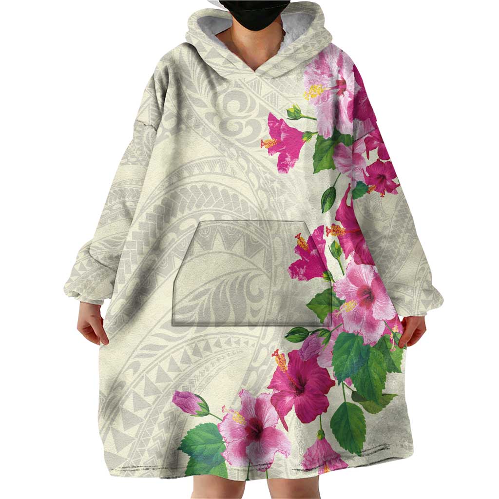 Hawaiian Hibiscus and Art Polynesian Tattoo Wearable Blanket Hoodie Beige Color LT03 - Polynesian Pride