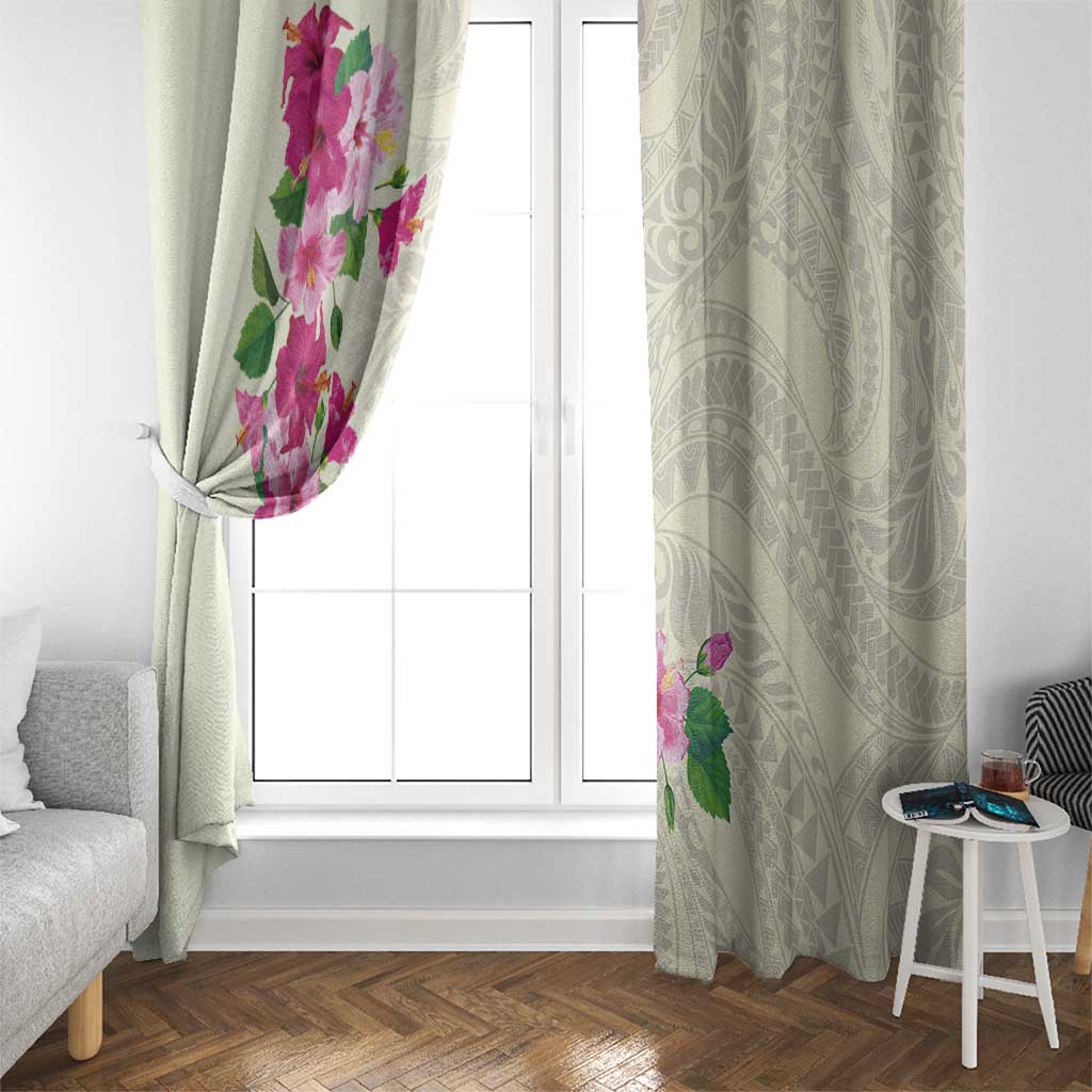 Hawaiian Hibiscus and Art Polynesian Tattoo Window Curtain Beige Color