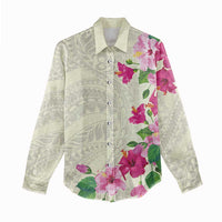 Hawaiian Hibiscus and Art Polynesian Tattoo Women Casual Shirt Beige Color LT03 - Polynesian Pride