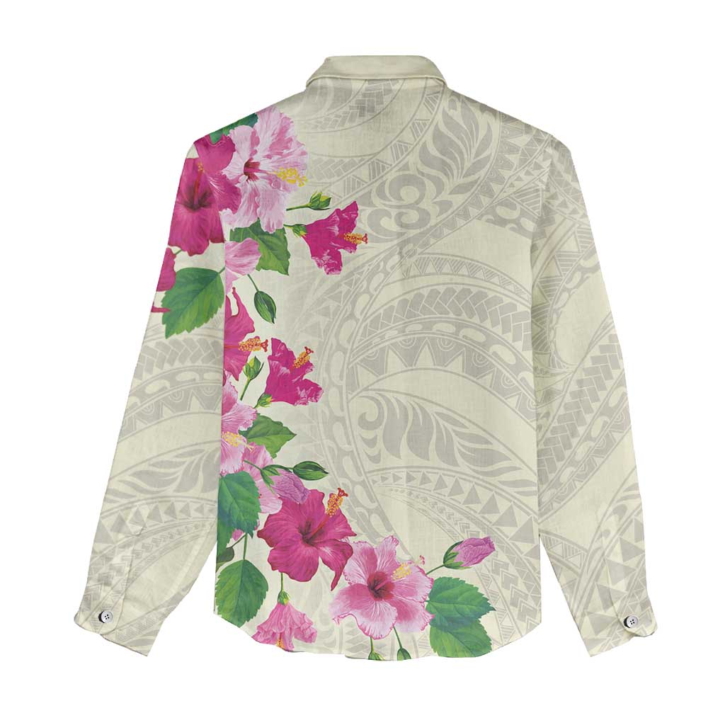 Hawaiian Hibiscus and Art Polynesian Tattoo Women Casual Shirt Beige Color LT03 - Polynesian Pride