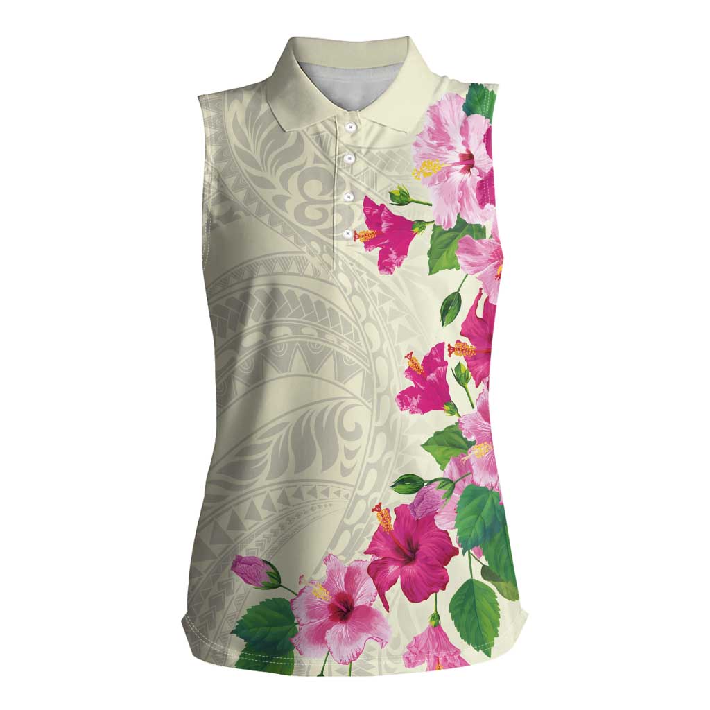 Hawaiian Hibiscus and Art Polynesian Tattoo Women Sleeveless Polo Shirt Beige Color LT03 Female Beige - Polynesian Pride