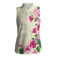 Hawaiian Hibiscus and Art Polynesian Tattoo Women Sleeveless Polo Shirt Beige Color LT03 Female Beige - Polynesian Pride