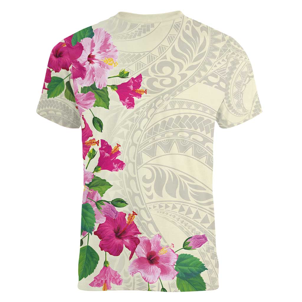 Hawaiian Hibiscus and Art Polynesian Tattoo Women V-Neck T-Shirt Beige Color LT03 - Polynesian Pride