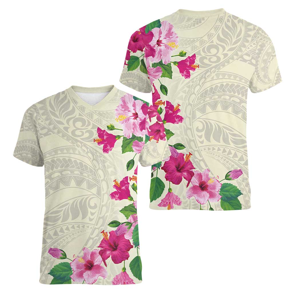 Hawaiian Hibiscus and Art Polynesian Tattoo Women V-Neck T-Shirt Beige Color LT03 - Polynesian Pride