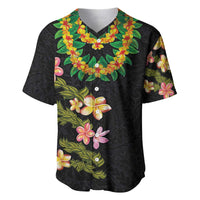Hawaiian Lei Plumeria and Tropical Leaves Baseball Jersey Watercolor Style LT03 Black - Polynesian Pride