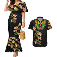 Hawaiian Lei Plumeria and Tropical Leaves Couples Matching Mermaid Dress and Hawaiian Shirt Watercolor Style