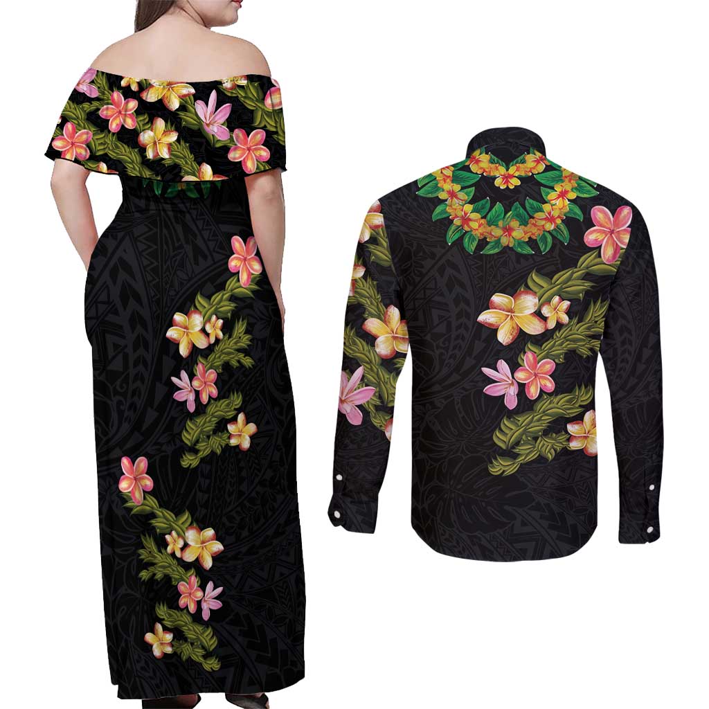 Hawaiian Lei Plumeria and Tropical Leaves Couples Matching Off Shoulder Maxi Dress and Long Sleeve Button Shirt Watercolor Style