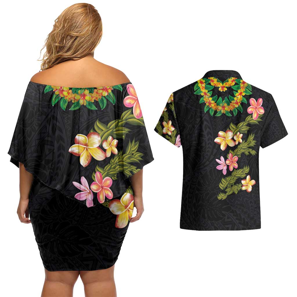 Hawaiian Lei Plumeria and Tropical Leaves Couples Matching Off Shoulder Short Dress and Hawaiian Shirt Watercolor Style