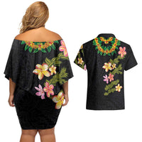 Hawaiian Lei Plumeria and Tropical Leaves Couples Matching Off Shoulder Short Dress and Hawaiian Shirt Watercolor Style
