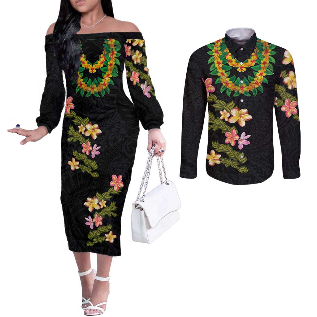 Hawaiian Lei Plumeria and Tropical Leaves Couples Matching Off The Shoulder Long Sleeve Dress and Long Sleeve Button Shirt Watercolor Style