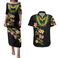 Hawaiian Lei Plumeria and Tropical Leaves Couples Matching Puletasi and Hawaiian Shirt Watercolor Style LT03 Black - Polynesian Pride