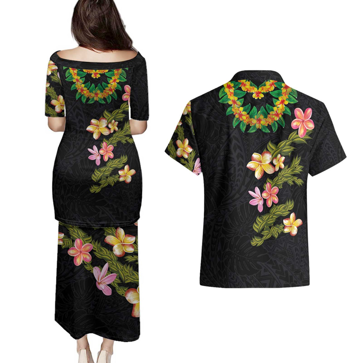 Hawaiian Lei Plumeria and Tropical Leaves Couples Matching Puletasi and Hawaiian Shirt Watercolor Style LT03 - Polynesian Pride