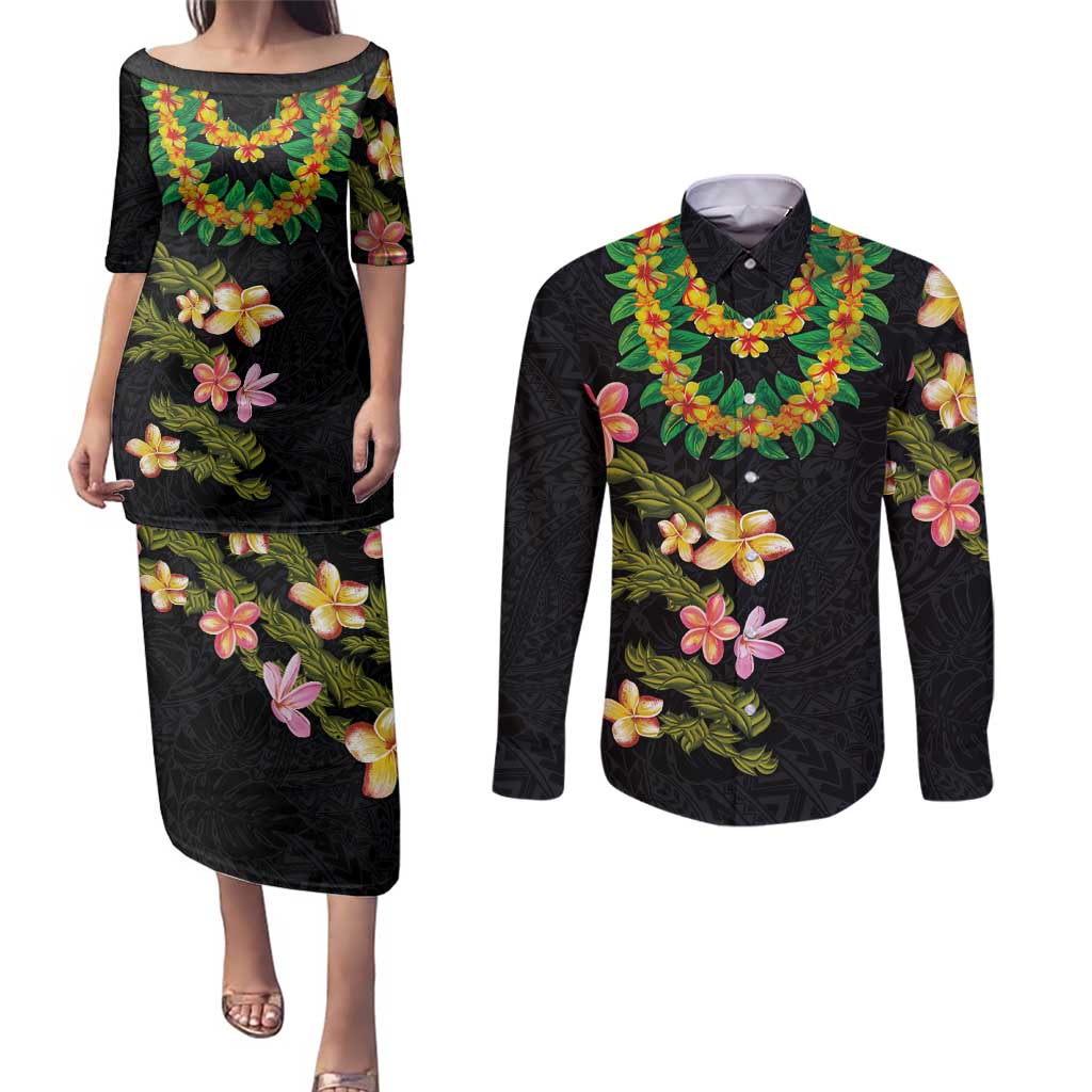 Hawaiian Lei Plumeria and Tropical Leaves Couples Matching Puletasi and Long Sleeve Button Shirt Watercolor Style LT03 Black - Polynesian Pride
