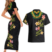 Hawaiian Lei Plumeria and Tropical Leaves Couples Matching Short Sleeve Bodycon Dress and Hawaiian Shirt Watercolor Style