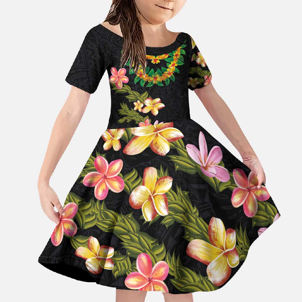 Hawaiian Lei Plumeria and Tropical Leaves Family Matching Mermaid Dress and Hawaiian Shirt Watercolor Style LT03 Daughter's Dress Black - Polynesian Pride